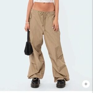 Edikted Rian Nylon Cargo Pants Tan Beige Womens Medium Large NEW